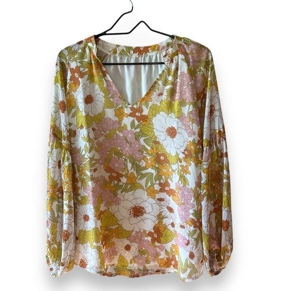 Tops - Women Casual Boho Blouse Fashion Floral Yellow V Neck Long Puff Sleeve Medium